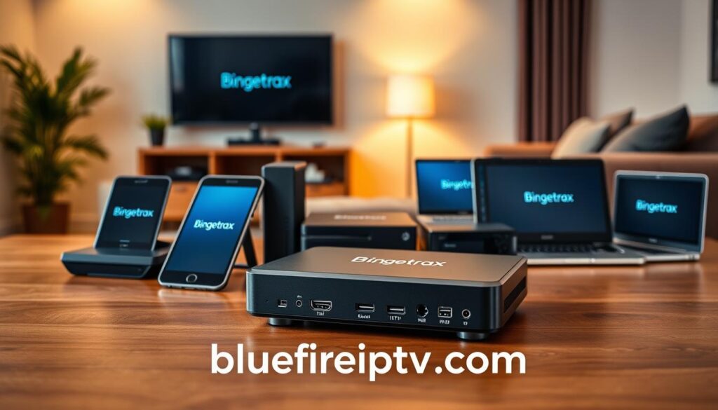 A sleek and modern overview of Bingetrax IPTV devices displayed on a polished wooden table. In the foreground, a high-resolution IPTV streaming device with an elegant design, visible ports and buttons, alongside a smartphone, tablet, and smart TV, all showcasing the Bingetrax logo. In the middle, a well-arranged array of devices like gaming consoles and laptops, emphasizing compatibility with Bingetrax IPTV. The background softly fades into a cozy living room setting, with warm lighting that creates an inviting atmosphere. The scene is captured from a slightly elevated angle, giving a comprehensive view of each device while highlighting a modern lifestyle vibe. The overall mood is professional yet approachable, ideal for tech enthusiasts and casual viewers alike. Include the brand name "bluefireiptv.com" subtly within the composition.