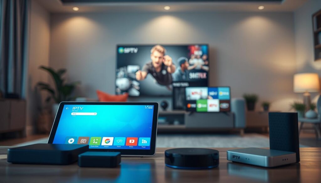A sleek and modern overview of IPTV USA service apps and devices, set in a professional environment. In the foreground, display popular streaming devices like smart TVs, tablets, and streaming media players, showcasing their sleek designs. In the middle ground, illustrate a user interacting with a tablet projecting a vibrant IPTV app interface featuring icons for various streaming channels. The background contains a cozy living room with soft lighting, enhancing the inviting atmosphere, while a subtle blue tint evokes the brand identity of bluefireiptv.com. Use a shallow depth of field to focus on the devices in the foreground, capturing a warm and tech-savvy mood that reflects the best IPTV apps and device compatibility in the USA for seamless streaming experiences in 2026.