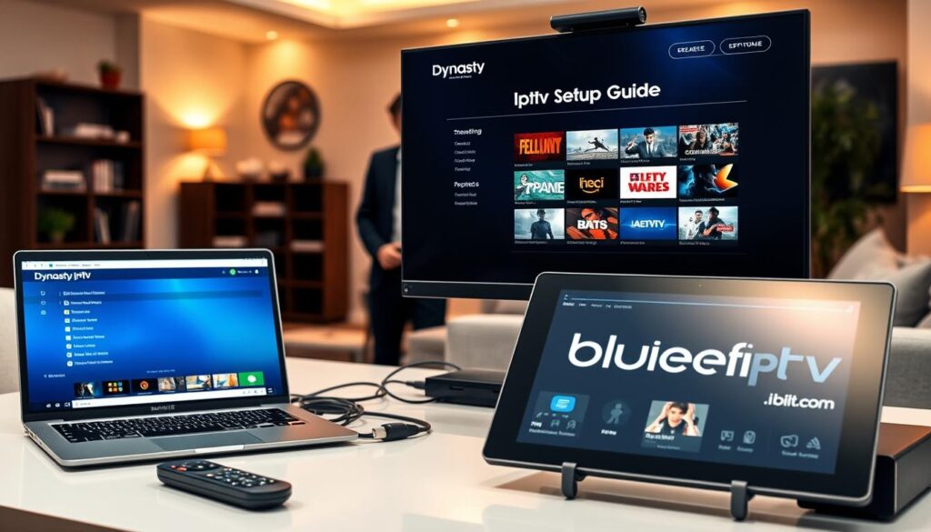A sleek and modern workspace featuring a stylish computer monitor displaying the "Dynasty IPTV Setup Guide" interface. In the foreground, a well-organized desktop with a laptop, remote control, and a large tablet showing various streaming options. The middle layer includes a person in professional attire, intently following the setup process, surrounded by neatly arranged cables and devices. The background reveals a cozy living room with soft lighting, emphasizing a welcoming atmosphere. Warm tones create an inviting mood, while the focus is sharp on the workspace. Additionally, add a subtle hint of the brand name "bluefireiptv.com" displayed on the tablet screen, capturing the essence of a streamlined IPTV setup experience. A sleek and modern workspace featuring a stylish computer monitor displaying the "Dynasty IPTV Setup Guide" interface. In the foreground, a well-organized desktop with a laptop, remote control, and a large tablet showing various streaming options. The middle layer includes a person in professional attire, intently following the setup process, surrounded by neatly arranged cables and devices. The background reveals a cozy living room with soft lighting, emphasizing a welcoming atmosphere. Warm tones create an inviting mood, while the focus is sharp on the workspace. Additionally, add a subtle hint of the brand name "bluefireiptv.com" displayed on the tablet screen, capturing the essence of a streamlined IPTV setup experience.