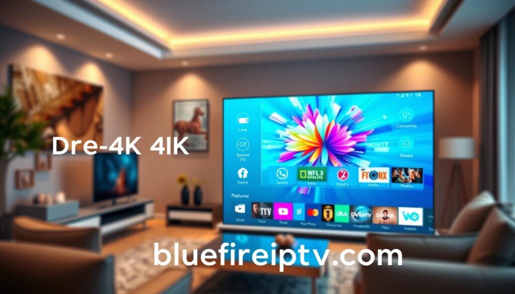A sleek, modern digital interface of Dream 4K IPTV features, showcasing a vibrant screen with a user-friendly layout that highlights key features like high-definition streaming, multiple device compatibility, and an extensive content library. In the foreground, display elegant icons representing live TV, on-demand content, and customizable playlists. The middle section features a dynamic burst of colors depicting various genres, such as sports, movies, and news. In the background, a soft-focus living room setting with a stylish television and modern furniture creates an inviting atmosphere. Utilize soft, ambient lighting to enhance the clarity of the features on the screen, captured with a wide-angle lens to emphasize integration in a contemporary home. Include the brand name "bluefireiptv.com" subtly in the scene without text overlays. The mood reflects excitement and innovation.