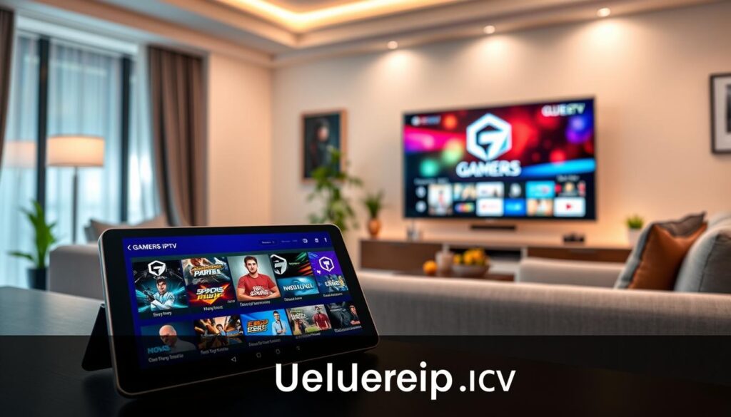 A sleek, modern interface of the Gamers IPTV app displayed on a high-resolution tablet in the foreground, with a close-up on vibrant, colorful thumbnails of various streaming categories such as sports, movies, and shows. The middle ground features a stylish living room setup, with a cozy sofa and a state-of-the-art television showcasing the Gamers IPTV logo and an engaging streaming menu. The background captures a softly lit room with ambient lighting, creating a warm and inviting atmosphere that reflects entertainment and relaxation. The scene conveys a sense of excitement and innovation in streaming, embodying the essence of the Gamers IPTV experience. The brand name "bluefireiptv.com" is subtly integrated into the design without any text overlays or distractions.