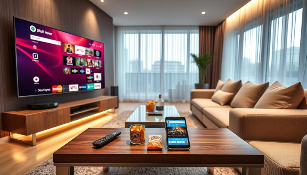A sleek, modern living room designed for seamless streaming, featuring a large flat-screen TV displaying an IPTV interface, with vibrant colors illustrating various channels. In the foreground, a stylish coffee table holds a remote control, snacks, and a smartphone showing the website "bluefireiptv.com". The middle ground showcases a cozy couch, elegantly arranged, with soft cushions, and a gentle light source illuminating the space, creating a welcoming atmosphere. In the background, large windows allow natural light to flood the room, with sheer curtains adding a soft, airy feel. The lighting is warm and inviting, emphasizing a comfortable yet sophisticated mood, ideal for a premium streaming experience. A sleek, modern living room designed for seamless streaming, featuring a large flat-screen TV displaying an IPTV interface, with vibrant colors illustrating various channels. In the foreground, a stylish coffee table holds a remote control, snacks, and a smartphone showing the website "bluefireiptv.com". The middle ground showcases a cozy couch, elegantly arranged, with soft cushions, and a gentle light source illuminating the space, creating a welcoming atmosphere. In the background, large windows allow natural light to flood the room, with sheer curtains adding a soft, airy feel. The lighting is warm and inviting, emphasizing a comfortable yet sophisticated mood, ideal for a premium streaming experience.