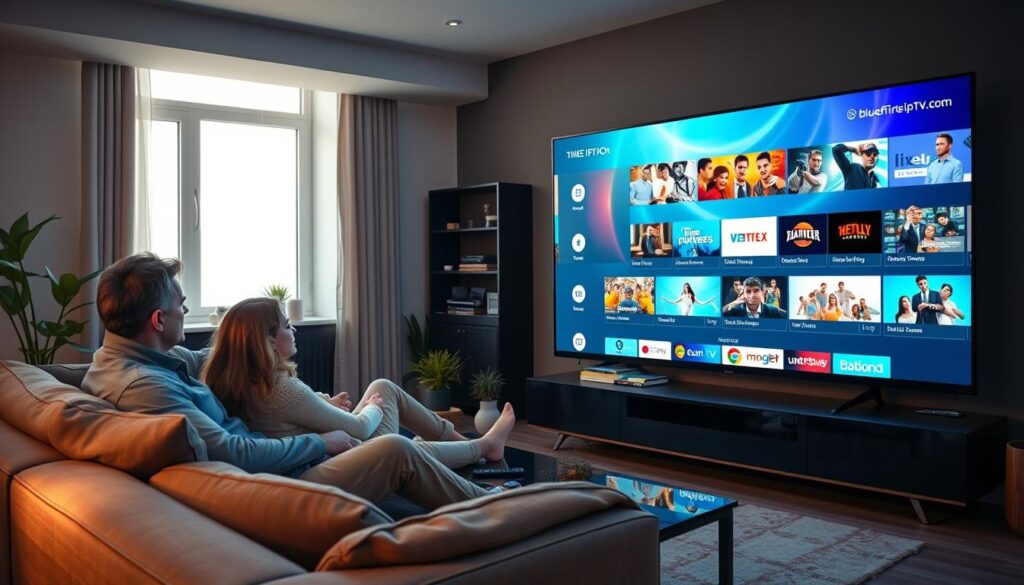A sleek modern living room featuring a large smart TV displaying vibrant IPTV graphics, showcasing various streaming options. In the foreground, a couple in casual clothing relaxes on a comfortable sofa, engaged in watching their favorite shows. The middle ground includes decorative plants and a stylish coffee table with remotes. The background reveals a window with soft natural lighting illuminating the room, creating a cozy and inviting atmosphere. Use a wide-angle lens to capture the full scene, emphasizing the TV's sharp display. The overall mood is relaxed and enjoyable, highlighting the enhanced streaming experience provided by IPTV. Incorporate subtle branding elements for "bluefireiptv.com" in the graphics displayed on the TV screen.