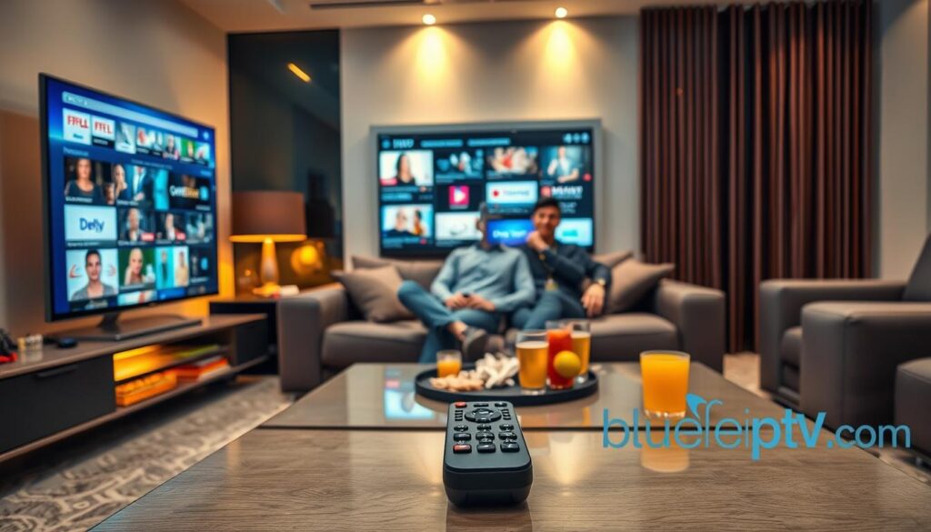 A sleek, modern living room is filled with high-tech devices, showcasing the key features of IPTV premium services. In the foreground, a smart TV displays vivid streaming content, with a diverse range of channels highlighted. A stylish remote control rests on a contemporary coffee table, surrounded by snacks and drinks, signaling a cozy movie night atmosphere. In the middle, a user is comfortably seated on a plush sofa, wearing casual yet professional attire, smiling as they navigate through various streaming options. The background is softly illuminated with warm ambient lighting, creating a relaxing mood. Subtle reflections on the TV screen emphasize the clarity of the picture quality. Include a discreet logo of "bluefireiptv.com" placed elegantly in the corner of the scene. A sleek, modern living room is filled with high-tech devices, showcasing the key features of IPTV premium services. In the foreground, a smart TV displays vivid streaming content, with a diverse range of channels highlighted. A stylish remote control rests on a contemporary coffee table, surrounded by snacks and drinks, signaling a cozy movie night atmosphere. In the middle, a user is comfortably seated on a plush sofa, wearing casual yet professional attire, smiling as they navigate through various streaming options. The background is softly illuminated with warm ambient lighting, creating a relaxing mood. Subtle reflections on the TV screen emphasize the clarity of the picture quality. Include a discreet logo of "bluefireiptv.com" placed elegantly in the corner of the scene.