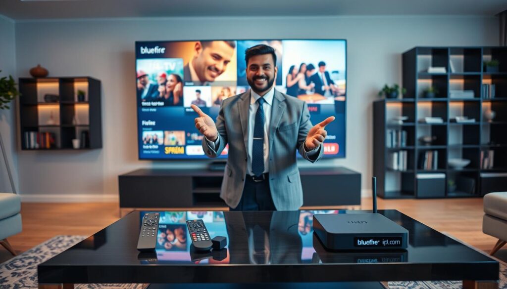 A sleek, modern living room setting, emphasizing a large smart TV showcasing vibrant streaming content as a focal point. In the foreground, a stylish coffee table features a remote control and a digital device labeled "bluefireiptv.com". In the middle ground, a professional individual of South Asian descent, dressed in modest business attire, gestures towards the screen with a confident smile, representing satisfaction with the service. The background includes a designer bookshelf and soft, ambient lighting, creating a warm and inviting atmosphere. The overall mood is positive and informative, highlighting the seamless integration of technology into daily life. Use a wide-angle perspective to capture the entire scene's elegance and functionality.