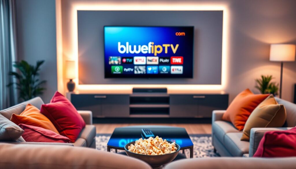 A sleek, modern living room setting featuring a high-definition television displaying the logo of "bluefireiptv.com". In the foreground, a comfortable couch with vibrant throw pillows invites viewers into the scene. An elegant coffee table holds a remote control and a bowl of popcorn, suggesting an enjoyable viewing experience. In the middle, the TV screen vividly showcases an array of IPTV player interfaces, symbolizing seamless streaming and user-friendly navigation. The background includes soft, ambient lighting that casts a warm glow, enhancing the inviting atmosphere. Capture this scene with a shallow depth of field, focusing on the television while subtly blurring the couch and background elements, creating a cozy yet sophisticated mood suitable for a tech-savvy audience.