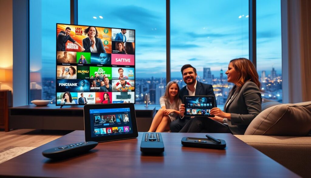 A sleek, modern living room setting featuring a large, high-definition television displaying vibrant visuals of diverse streaming content, symbolizing IPTV Golden’s exceptional streaming quality. In the foreground, a stylish coffee table holds a remote control and a tablet showing the bluefireiptv.com interface with a user-friendly design. The middle ground showcases a family in professional business attire, engaged and enjoying their streaming experience, radiating joy and excitement. Soft, warm lighting creates an inviting atmosphere, while a large window in the background reveals a tranquil evening view with city lights twinkling. Use a wide-angle lens to capture the expansive feel of the room, enhancing the viewer's sense of comfort and access to quality entertainment. The overall mood is one of relaxation and satisfaction, celebrating superior content delivery and user experience.