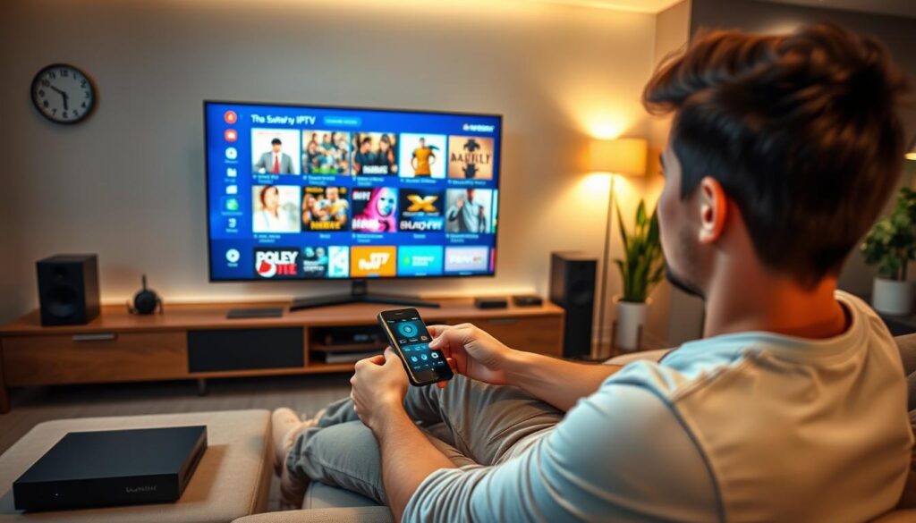 A sleek, modern living room setting illustrates the concept of "Activating IPTV Monster Service." In the foreground, a user, a young adult in casual yet stylish clothing, sits on a comfortable sofa, intently interacting with a smart TV remote. In the middle, a large television screen displays the IPTV Monster interface, showcasing vibrant thumbnails of various shows and movies. Surrounding the TV are smart devices like a streaming box and a soundbar, emphasizing technology. The background features a soft glow of ambient lighting, creating a cozy atmosphere with subtle hints of a digital clock and plants. Use a wide-angle lens perspective to capture the inviting space. Ensure the scene conveys ease and excitement, embodying a fast and easy activation process. Additionally, include a small logo discreetly displayed on the TV screen: "bluefireiptv.com."