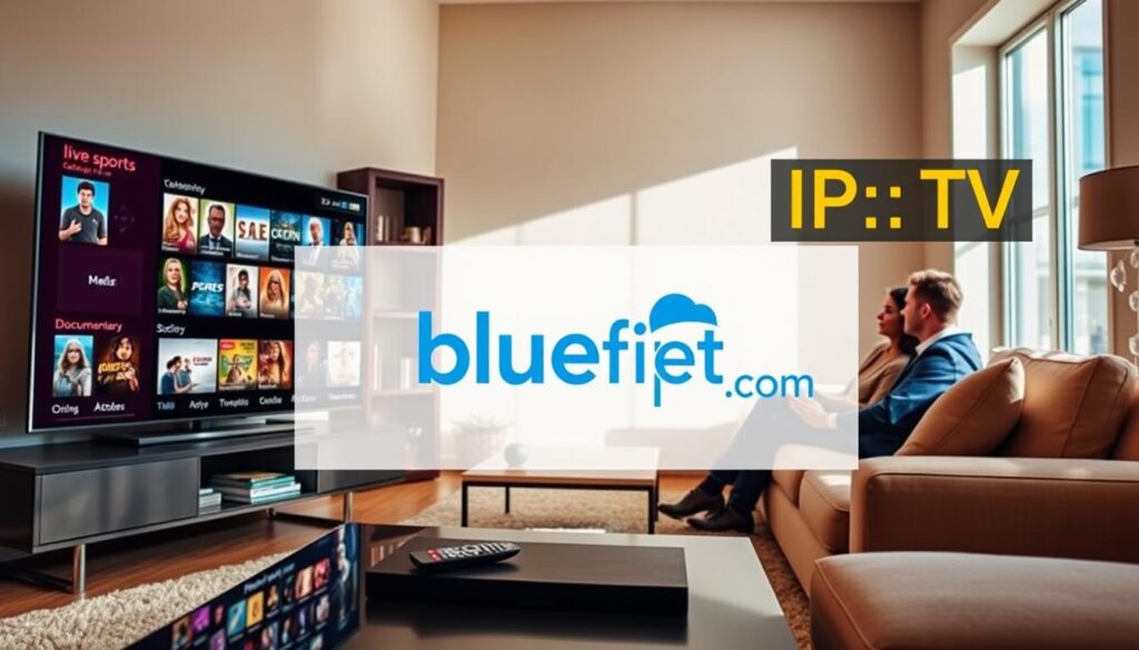 A sleek, modern living room setting showcases the essential features of an IPTV service. In the foreground, a high-definition television displays a vibrant user interface filled with channel options, including movie categories, live sports, and documentary selections. A stylish coffee table holds a remote control, representing ease of use. The middle ground features a comfortable sofa with two individuals, one wearing business casual attire, attentively browsing content on the screen, conveying a sense of engagement. The background consists of a tasteful bookshelf and a window allowing natural light to flood the space, enhancing the inviting atmosphere. The color palette is warm and inviting, creating a cozy mood for family entertainment. The image subtly incorporates the logo of "bluefireiptv.com" on the TV screen without being obtrusive, reinforcing brand recognition.