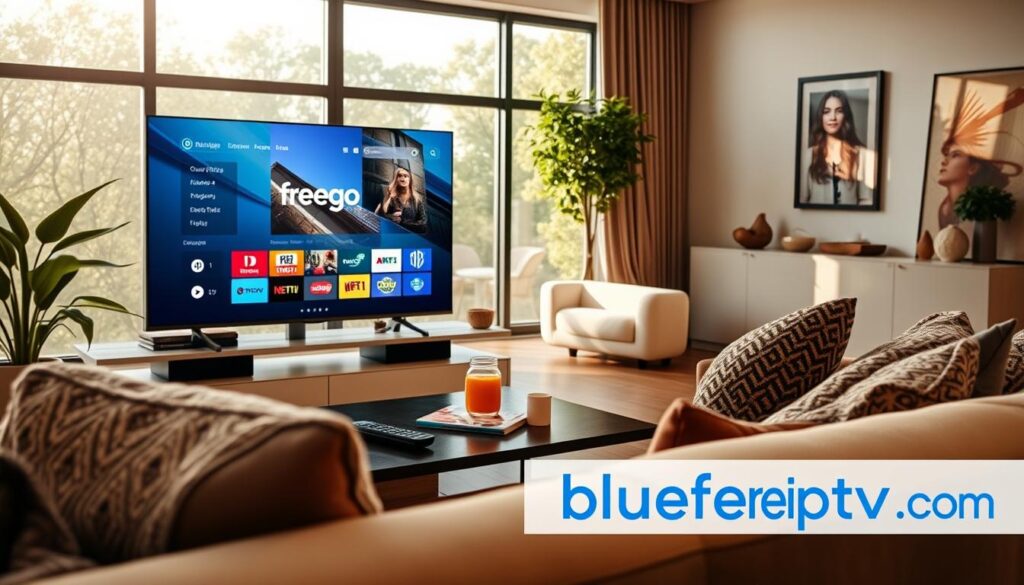 A sleek, modern living room setting showcasing a high-definition TV displaying the Freego IPTV streaming solution interface. In the foreground, a cozy couch with a stylish throw blanket and cushions, emphasizing comfort and relaxation. On a nearby coffee table, a remote control and snacks are visible, adding to the inviting atmosphere. The middle ground features a large window with natural light streaming in, creating a warm ambiance. In the background, tastefully arranged decor and a subtle hint of greenery enhance the inviting mood. The lighting is soft and warm, reminiscent of a late afternoon. The scene conveys enjoyment, ease of use, and the ideal setting for streaming entertainment. Include a visible watermark of "bluefireiptv.com" subtly integrated into the scene, blending effortlessly with the setting. A sleek, modern living room setting showcasing a high-definition TV displaying the Freego IPTV streaming solution interface. In the foreground, a cozy couch with a stylish throw blanket and cushions, emphasizing comfort and relaxation. On a nearby coffee table, a remote control and snacks are visible, adding to the inviting atmosphere. The middle ground features a large window with natural light streaming in, creating a warm ambiance. In the background, tastefully arranged decor and a subtle hint of greenery enhance the inviting mood. The lighting is soft and warm, reminiscent of a late afternoon. The scene conveys enjoyment, ease of use, and the ideal setting for streaming entertainment. Include a visible watermark of "bluefireiptv.com" subtly integrated into the scene, blending effortlessly with the setting.
