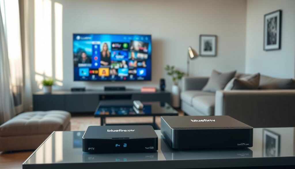 A sleek, modern living room setting showcasing top IPTV boxes for streaming. In the foreground, a stylish TV stand features three high-tech IPTV boxes, prominently displaying the logo "bluefireiptv.com" on one of them. The middle layer contains a large flat-screen TV showing vibrant streaming content, with a remote control nearby. The background includes a cozy couch and subtle decorative elements like plants and artwork, creating an inviting atmosphere. Soft ambient lighting enhances the scene, simulating late afternoon sunlight filtering through a window, casting gentle shadows. The mood is relaxed yet tech-savvy, appealing to viewers interested in the best IPTV streaming solutions.