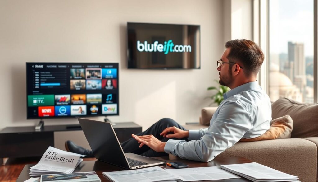 A sleek, modern living room setting with a professional-looking individual in business attire sitting on a comfortable sofa, intently assessing multiple IPTV service options displayed on a large flat-screen TV. The foreground features a coffee table cluttered with paperwork and a laptop, showcasing IPTV reviews and comparisons. The middle layer displays a wall-mounted TV featuring the logo of "bluefireiptv.com". In the background, a vibrant cityscape is visible through large windows, reflecting a lively atmosphere. Soft, natural lighting filters in, creating a welcoming and focused mood. Use a slight angle to capture the subject in profile, emphasizing their engaged expression while they navigate through IPTV service pitfalls, effectively illustrating the theme of avoiding common pitfalls with IPTV services.