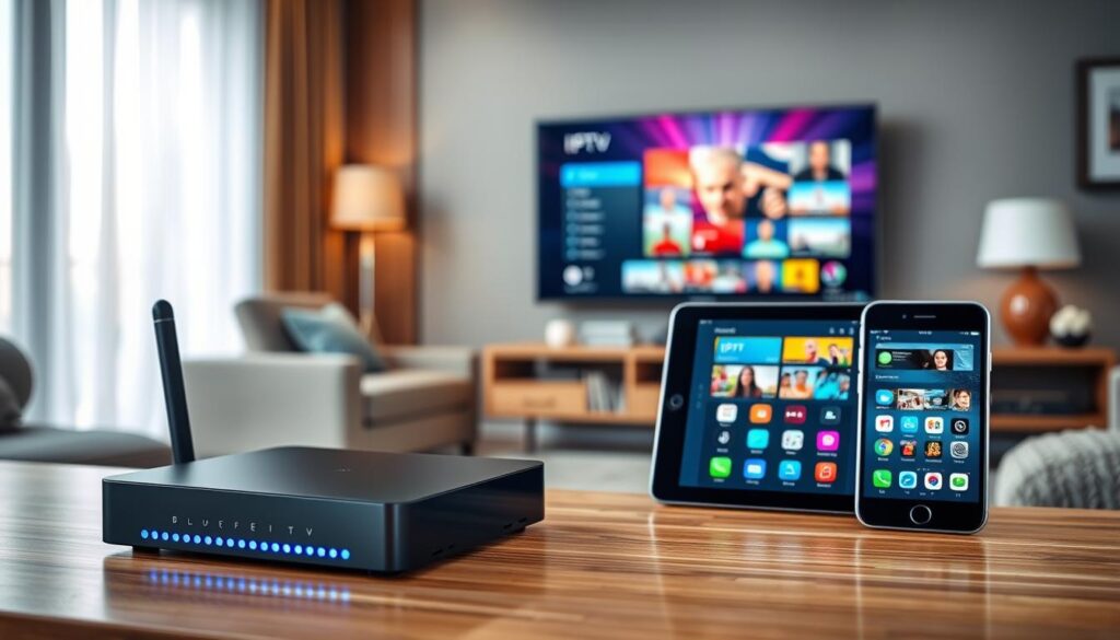 A sleek, modern living room setup showcasing device compatibility for IPTV streaming. In the foreground, a stylish IPTV box is prominently displayed, reflecting a contemporary design with LED lights. Beside it, a tablet and smartphone exhibit a streaming app interface, demonstrating dual compatibility with various devices. In the middle ground, a large flat-screen TV proudly shows colorful IPTV content, emphasizing high-definition quality. The background features a cozy sofa and tasteful decorations, creating a warm atmosphere. Soft, diffused lighting enhances the inviting feel, while a slight lens blur on the background adds depth. Capture the essence of seamless technology integration with a vibrant yet professional ambiance. The brand "bluefireiptv.com" is subtly incorporated into the overall aesthetic, highlighting high-quality streaming solutions.