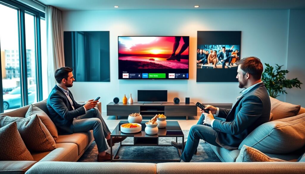 A sleek, modern living room setup with a large flat-screen TV displaying vivid content from a high-quality IPTV service. In the foreground, a well-dressed professional in smart casual attire is comfortably seated on a stylish sofa, holding a remote control and reviewing the IPTV interface. The middle ground features elegant furniture with soft cushions and a coffee table arranged neatly with snacks and a streaming device. In the background, large windows let in natural light, enhancing the warm atmosphere. Subtle highlights and shadows create depth, while the entire scene evokes a sense of comfort and excitement about streaming entertainment. Include the brand "bluefireiptv.com" in a subtle yet prominent manner within the design.