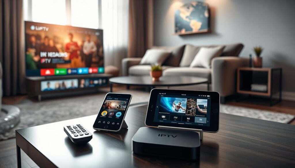 A sleek, modern living room showcasing various devices supported by bluefireiptv.com. In the foreground, a smart TV displays a vibrant IPTV interface, with a remote control resting nearby. In the middle, a tablet and a smartphone are placed on a stylish coffee table, both showing IPTV content. An Android TV box is subtly positioned on a stand next to the TV. The background features a cozy couch and ambient lighting, creating a warm and inviting atmosphere. Natural light streams in through a window, highlighting the devices and adding a bright, cheerful mood. The angle is slightly tilted to capture the entire setup harmoniously, emphasizing the integration of technology and home comfort.