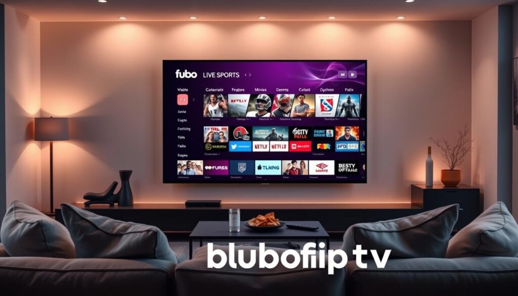 A sleek modern living room with a large flat-screen TV displaying the fubo TV interface, showcasing various channels and features like live sports, movies, and on-demand content. In the foreground, a comfortable sofa is adorned with plush cushions, inviting viewers to sit and enjoy. A coffee table holds a remote control and snacks, emphasizing a relaxed streaming environment. In the background, soft ambient lighting creates a cozy atmosphere, while subtle decor adds warmth. The focus is on the TV screen's vibrant colors, illustrating the high-performance streaming experience. Include the logo of "bluefireiptv.com" subtly integrated into the scene, ensuring no text or captions are present. The overall mood is inviting, making it ideal for viewers seeking entertainment through fubo TV IPTV. A sleek modern living room with a large flat-screen TV displaying the fubo TV interface, showcasing various channels and features like live sports, movies, and on-demand content. In the foreground, a comfortable sofa is adorned with plush cushions, inviting viewers to sit and enjoy. A coffee table holds a remote control and snacks, emphasizing a relaxed streaming environment. In the background, soft ambient lighting creates a cozy atmosphere, while subtle decor adds warmth. The focus is on the TV screen's vibrant colors, illustrating the high-performance streaming experience. Include the logo of "bluefireiptv.com" subtly integrated into the scene, ensuring no text or captions are present. The overall mood is inviting, making it ideal for viewers seeking entertainment through fubo TV IPTV.