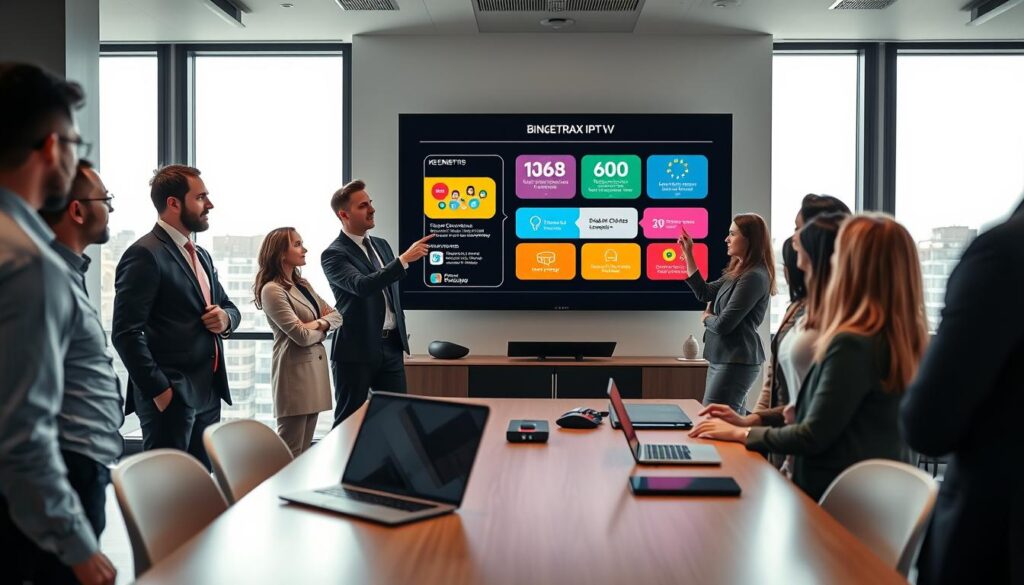 A sleek, modern workspace showcasing a digital presentation about "Bingetrax IPTV benefits". In the foreground, a diverse group of professionals dressed in business attire, including men and women of various ethnicities, are intently discussing and pointing at a vibrant infographic displayed on a large screen. The infographic highlights key benefits such as high-definition streaming, wide channel selection, and user-friendly interface, represented with engaging icons and graphics. In the middle ground, a stylish desk with a laptop and tech gadgets to symbolize modern technology. The background features large windows with natural light flooding the room, creating a bright and inviting atmosphere. The overall mood is productive and collaborative. Include subtle branding elements of "bluefireiptv.com" in the infographic design.