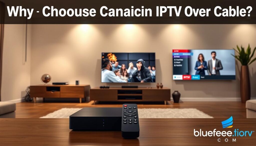 A split-image design highlighting "Why Choose Canadian IPTV Over Cable." In the foreground, showcase a modern living room with a sleek television displaying vibrant streaming content, symbolizing IPTV. To one side, depict a traditional cable box with tangled wires and a frustrated user, creating a contrast. In the middle ground, show a minimalist entertainment setup with a stylish remote, representing ease of use and convenience. In the background, incorporate gentle ambient lighting to create a cozy atmosphere, with soft shadows for depth. The scene should evoke a sense of modernity and simplicity. Use a wide-angle lens for a comprehensive view. Include subtle branding elements related to bluefireiptv.com, ensuring they are integrated naturally into the room's decor.