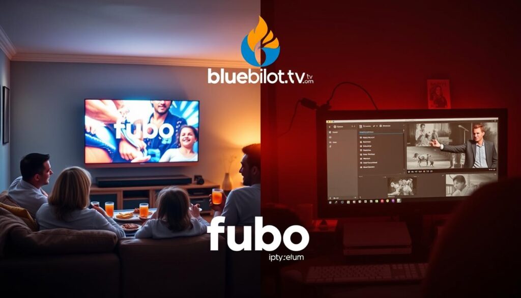 A split-screen composition showcasing the advantages and limitations of using fubo tv iptv. In the foreground, on the left, a bright and inviting living room scene featuring a family comfortably watching TV on a modern flat-screen, surrounded by snacks and drinks, portraying the enjoyment of a seamless streaming experience. On the right, a slightly dimmer scene depicting a person frustrated with buffering on a computer, surrounded by technical issues like tangled wires and a slow internet connection, highlighting limitations. The middle section features a subtle transition between satisfaction and frustration, enhanced with warm lighting on the left and cooler tones on the right. The background shows a sleek logo of "bluefireiptv.com" integrated into a stylish design that captures a tech-savvy atmosphere. A split-screen composition showcasing the advantages and limitations of using fubo tv iptv. In the foreground, on the left, a bright and inviting living room scene featuring a family comfortably watching TV on a modern flat-screen, surrounded by snacks and drinks, portraying the enjoyment of a seamless streaming experience. On the right, a slightly dimmer scene depicting a person frustrated with buffering on a computer, surrounded by technical issues like tangled wires and a slow internet connection, highlighting limitations. The middle section features a subtle transition between satisfaction and frustration, enhanced with warm lighting on the left and cooler tones on the right. The background shows a sleek logo of "bluefireiptv.com" integrated into a stylish design that captures a tech-savvy atmosphere.