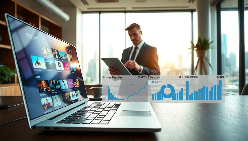 A stylish workspace showcasing the concept of IPTV services in 2026. In the foreground, a sleek modern laptop displays a vibrant IPTV interface with channel selections and streaming options. In the middle, a professional individual in business attire analyzes data on a tablet, surrounded by charts and graphs that illustrate the features of top IPTV services. The background features a contemporary office with a large window showing a city skyline, bathed in soft natural light that enhances the clarity of the scene. The atmosphere is focused and dynamic, emphasizing technological advancement. Incorporate elements like the logo “bluefireiptv.com” subtly in the technology on the screen, ensuring a professional tone throughout.
