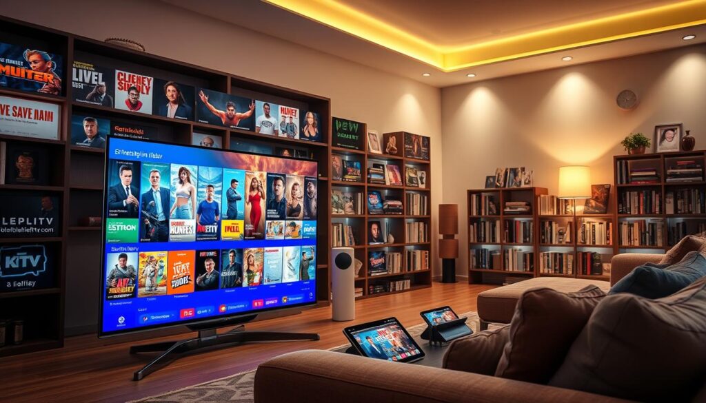 A vibrant IPTV monster content library scene, showcasing a sleek, modern entertainment center filled with colorful streaming thumbnails featuring live channels, movies, and series. In the foreground, an eye-catching large-screen TV displays a dynamic interface, portraying a variety of genres, from thrillers to documentaries. The middle ground features an array of digital devices like tablets and smartphones, all connected to bluefireiptv.com, creating a sense of accessibility and connectivity. The background is softly illuminated by ambient lighting, creating a cozy yet high-tech atmosphere. The overall mood is inviting and engaging, emphasizing the vastness of the content library available in 2026, designed for families and individuals seeking endless entertainment options.
