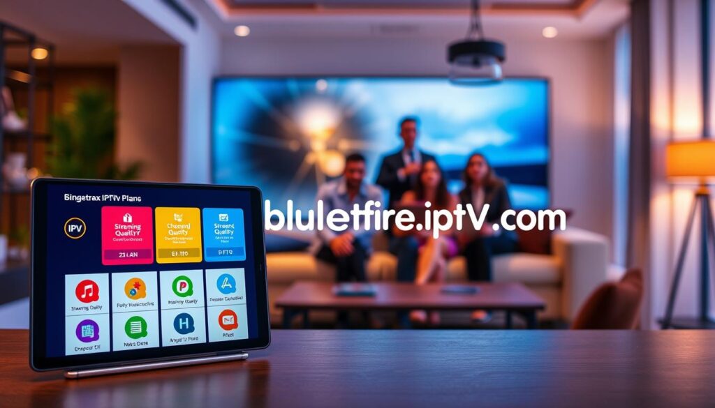 A vibrant and informative overview of Bingetrax IPTV subscription plans. In the foreground, showcase a sleek digital device, like a smart TV or tablet, displaying an attractive user interface for the IPTV service, focusing on the different subscription plans with colorful icons representing features like streaming quality, channel variety, and pricing tiers. In the middle, include a stylish, modern workspace environment, hinting at a family or group of friends enjoying content together, all depicted in professional business attire. The background features a soft-focus living room with ambient lighting, accentuated by warm tones. The atmosphere should be inviting and tech-savvy, conveying the ease and enjoyment of using Bingetrax IPTV. Prominently display the brand name "bluefireiptv.com" in a creative yet unobtrusive manner, enhancing the visual clarity without any text overlays.