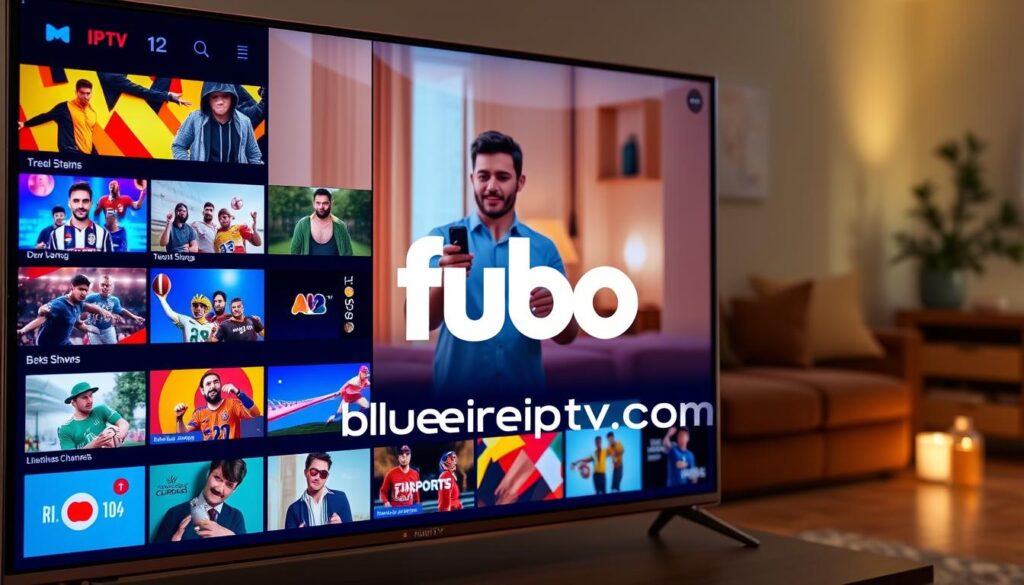 A vibrant and modern user interface of the fubo TV IPTV app showcased on a sleek smart TV screen. In the foreground, the sharp display features vibrant thumbnails of various shows and sports channels, neatly organized in a grid layout. In the middle, there’s a user navigating with a remote, dressed in casual but neat attire, conveying an engaging user experience. The background includes a cozy living room setting, softly lit with ambient light, enhancing the warm atmosphere of relaxed streaming. The overall mood is inviting and friendly, emphasizing the ease of use and accessibility of the app. The brand name "bluefireiptv.com" displayed subtly within the interface, harmoniously integrated without distractions or clutter. A vibrant and modern user interface of the fubo TV IPTV app showcased on a sleek smart TV screen. In the foreground, the sharp display features vibrant thumbnails of various shows and sports channels, neatly organized in a grid layout. In the middle, there’s a user navigating with a remote, dressed in casual but neat attire, conveying an engaging user experience. The background includes a cozy living room setting, softly lit with ambient light, enhancing the warm atmosphere of relaxed streaming. The overall mood is inviting and friendly, emphasizing the ease of use and accessibility of the app. The brand name "bluefireiptv.com" displayed subtly within the interface, harmoniously integrated without distractions or clutter.