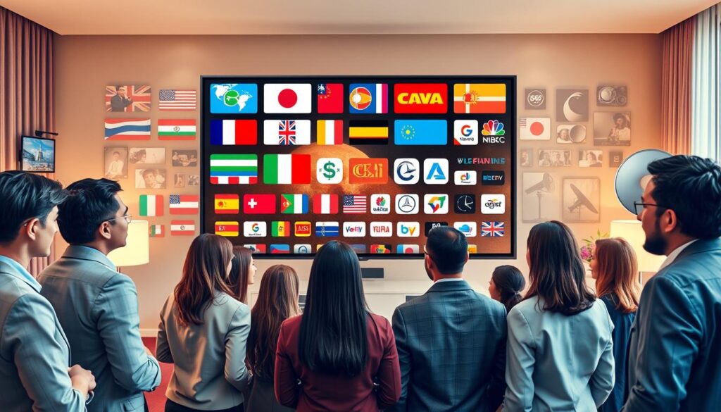 A vibrant collage showcasing "International Channels and Specialized Content for Diverse U.S. Viewers." In the foreground, feature a diverse group of people, dressed in professional business attire, gathered around a large screen displaying various international TV channels—flags from several countries visible on the screen. The middle layer includes various icons of popular streaming services and cultural symbols, like film reels and satellite dishes, representing specialized content. In the background, create a cozy living room scene with soft, warm lighting, inviting viewers to engage. The mood is inclusive and dynamic, celebrating diversity in media. Capture the essence of accessible streaming with a subtle mention of "bluefireiptv.com" interwoven in the design. Use a wide-angle lens effect to create depth and interest. A vibrant collage showcasing "International Channels and Specialized Content for Diverse U.S. Viewers." In the foreground, feature a diverse group of people, dressed in professional business attire, gathered around a large screen displaying various international TV channels—flags from several countries visible on the screen. The middle layer includes various icons of popular streaming services and cultural symbols, like film reels and satellite dishes, representing specialized content. In the background, create a cozy living room scene with soft, warm lighting, inviting viewers to engage. The mood is inclusive and dynamic, celebrating diversity in media. Capture the essence of accessible streaming with a subtle mention of "bluefireiptv.com" interwoven in the design. Use a wide-angle lens effect to create depth and interest.