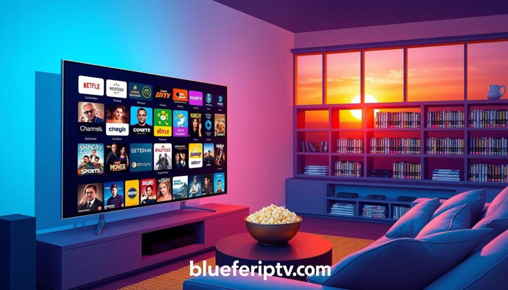 A vibrant digital illustration showcasing the "Bingetrax IPTV extensive content library". In the foreground, display a sleek modern television screen displaying a colorful grid of various channels, movies, and series, all visually representing diverse genres like drama, comedy, sports, and documentaries. The middle layer will feature a cozy living room setup with a stylish sofa, popcorn bowl, and subtle lighting creating a warm ambiance. In the background, incorporate shelves lined with DVDs and streaming devices, along with a hint of a large window showing a sunset, casting inviting golden light. The overall mood should evoke excitement and comfort, encouraging viewers to enjoy an extensive selection of entertainment. Include the brand name "bluefireiptv.com" subtly in the scene.