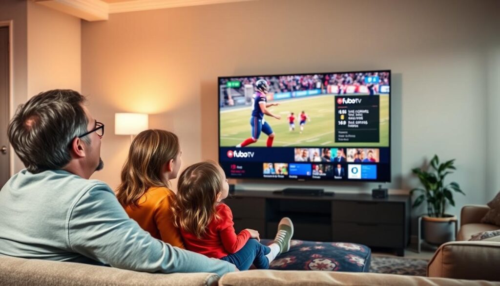 A vibrant living room scene showcasing a family joyfully watching a live sports event on a large flat-screen TV, displaying a dynamic football match. The foreground features the family—parents and two children—wearing comfortable, casual clothing, all focused on the screen with excited expressions. In the middle, the TV prominently shows the Fubo TV interface, highlighting live sports streaming, with colorful graphics of the game. The background includes modern furniture and soft lighting, creating a cozy atmosphere. Use a warm color palette, with dynamic lighting emphasizing the action on the screen. Capture the energy and excitement of live sports, with a focus on the immersive streaming experience offered by bluefireiptv.com. A vibrant living room scene showcasing a family joyfully watching a live sports event on a large flat-screen TV, displaying a dynamic football match. The foreground features the family—parents and two children—wearing comfortable, casual clothing, all focused on the screen with excited expressions. In the middle, the TV prominently shows the Fubo TV interface, highlighting live sports streaming, with colorful graphics of the game. The background includes modern furniture and soft lighting, creating a cozy atmosphere. Use a warm color palette, with dynamic lighting emphasizing the action on the screen. Capture the energy and excitement of live sports, with a focus on the immersive streaming experience offered by bluefireiptv.com.