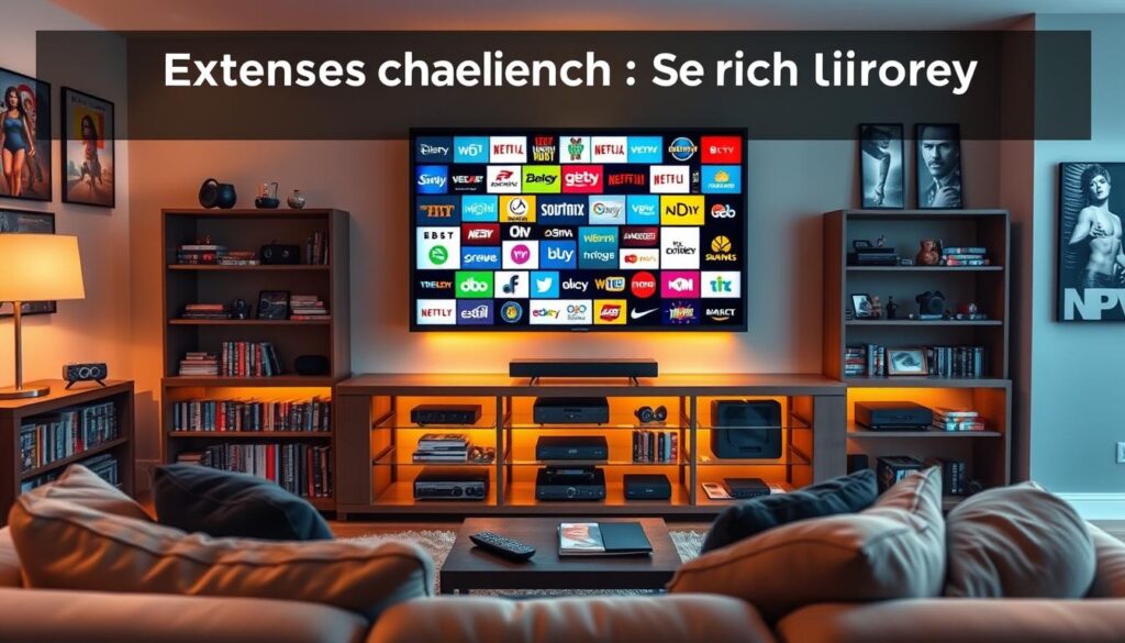 A vibrant living room scene showcasing extensive channel selection and a rich content library, featuring a sleek large television displaying a colorful collage of iconic TV channel logos. In the foreground, a comfortable sofa is adorned with plush cushions, and a small coffee table holds a remote and snacks. The middle ground includes shelves filled with DVDs and streaming devices, reflecting a diverse array of content. The background reveals warm, inviting lighting, emphasizing a cozy atmosphere, with soft-focus movie posters hanging on the walls. A subtle glow around the television highlights the variety of entertainment options available, representing "bluefireiptv.com" in a sophisticated manner. The image should evoke feelings of excitement and anticipation for quality streaming experiences.