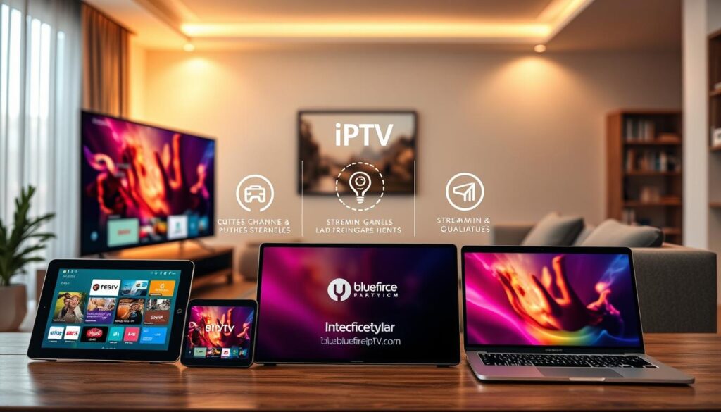 A visually appealing and informative digital collage showcasing the concept of IPTV services for streaming. In the foreground, prominently display various devices, such as a smart TV, tablet, and laptop, featuring vibrant screens streaming content. The middle ground should feature subtle infographics illustrating features like channels and streaming quality, integrating brand elements from "bluefireiptv.com". In the background, depict a modern, stylish living room setting with cozy lighting, emphasizing a relaxed atmosphere. Use soft, warm lighting to create an inviting mood. The angle should be slightly above eye level, providing a comprehensive view of this modern entertainment setup, culminating in a seamless blend of technology and comfort. A visually appealing and informative digital collage showcasing the concept of IPTV services for streaming. In the foreground, prominently display various devices, such as a smart TV, tablet, and laptop, featuring vibrant screens streaming content. The middle ground should feature subtle infographics illustrating features like channels and streaming quality, integrating brand elements from "bluefireiptv.com". In the background, depict a modern, stylish living room setting with cozy lighting, emphasizing a relaxed atmosphere. Use soft, warm lighting to create an inviting mood. The angle should be slightly above eye level, providing a comprehensive view of this modern entertainment setup, culminating in a seamless blend of technology and comfort.