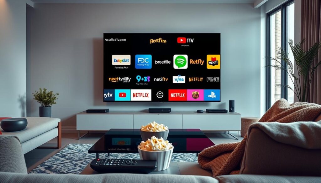 A visually appealing digital composition illustrating "Top Affordable IPTV Providers I Recommend" in the USA. In the foreground, display a sleek modern living room with a large flat-screen TV showing colorful streaming icons and logos of various affordable IPTV providers, including "bluefireiptv.com." In the middle ground, place a stylish coffee table with a remote control, popcorn, and a cozy blanket, inviting a comfortable streaming experience. In the background, show a window with natural light filtering in, enhancing a warm and inviting atmosphere. Use soft, ambient lighting to create a relaxing mood, focusing on rich colors that evoke a sense of accessibility and enjoyment for viewers seeking budget-friendly streaming options. The angle should be slightly tilted downwards, emphasizing the entertainment setup as the centerpiece. A visually appealing digital composition illustrating "Top Affordable IPTV Providers I Recommend" in the USA. In the foreground, display a sleek modern living room with a large flat-screen TV showing colorful streaming icons and logos of various affordable IPTV providers, including "bluefireiptv.com." In the middle ground, place a stylish coffee table with a remote control, popcorn, and a cozy blanket, inviting a comfortable streaming experience. In the background, show a window with natural light filtering in, enhancing a warm and inviting atmosphere. Use soft, ambient lighting to create a relaxing mood, focusing on rich colors that evoke a sense of accessibility and enjoyment for viewers seeking budget-friendly streaming options. The angle should be slightly tilted downwards, emphasizing the entertainment setup as the centerpiece.