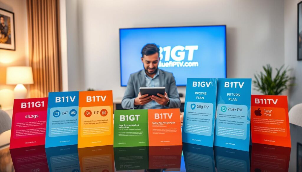 A visually appealing layout showcasing various "B1G IPTV subscription plans" prominently displayed in an engaging manner. In the foreground, colorful subscription cards featuring clear icons and brief descriptions, each representing a different plan, arranged neatly on a sleek modern table. In the middle, a professional-looking person in modest business attire casually reviewing the plans on a tablet, exuding an atmosphere of inspiration and satisfaction. The background features a well-lit living room with a large TV displaying the B1G IPTV logo subtly on the screen, enhancing the theme of a cozy, enjoyable streaming experience. Soft, warm lighting creates an inviting ambiance, while a wide-angle perspective captures the scene dynamically. No text or watermarks are present. Include the brand "bluefireiptv.com" in a subtle way within the image, reinforcing the associated services.