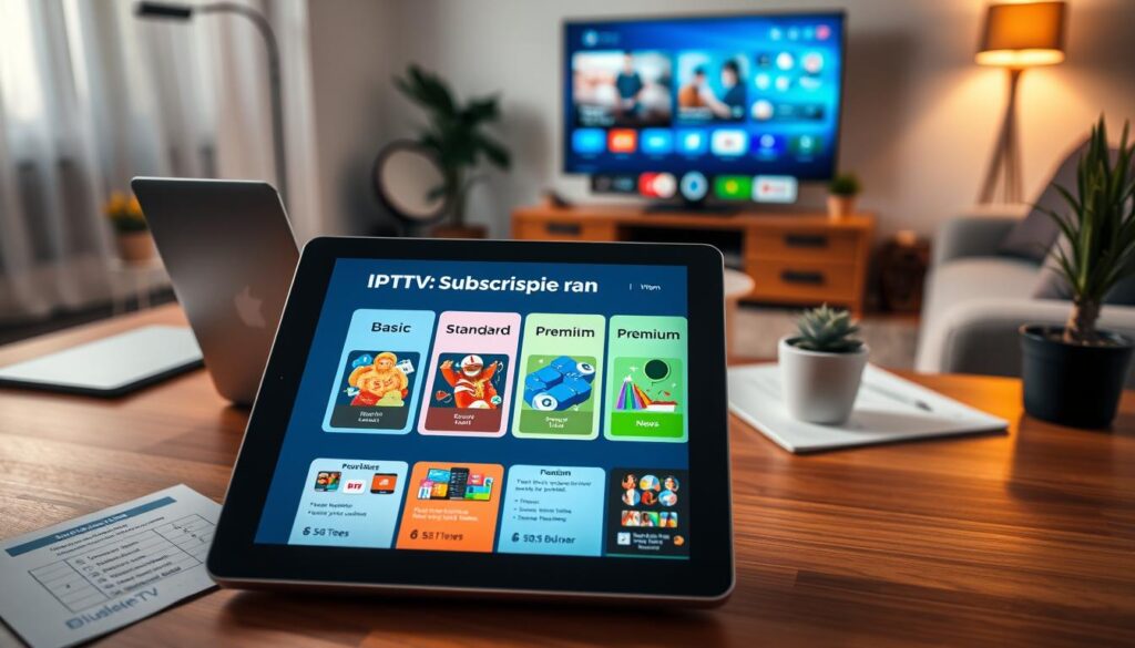 A visually appealing overview of IPTV subscription plans. In the foreground, a sleek tablet displays vibrant icons representing different subscription tiers—basic, standard, and premium—each surrounded by colorful visuals suggesting content types like movies, sports, and news. The middle ground features an organized desktop with a laptop, scattering of paperwork with budget calculations, and a small potted plant for a touch of warmth. The background includes a softly lit living room setting with a smart TV showcasing a cozy streaming interface, emphasizing a modern yet inviting atmosphere. The lighting is warm and inviting, with soft shadows creating depth. The lens captures a slightly angled view to add dynamism, ensuring the scene evokes a sense of approachable professionalism and clarity. Incorporate visual branding elements of bluefireiptv.com subtly within the display. A visually appealing overview of IPTV subscription plans. In the foreground, a sleek tablet displays vibrant icons representing different subscription tiers—basic, standard, and premium—each surrounded by colorful visuals suggesting content types like movies, sports, and news. The middle ground features an organized desktop with a laptop, scattering of paperwork with budget calculations, and a small potted plant for a touch of warmth. The background includes a softly lit living room setting with a smart TV showcasing a cozy streaming interface, emphasizing a modern yet inviting atmosphere. The lighting is warm and inviting, with soft shadows creating depth. The lens captures a slightly angled view to add dynamism, ensuring the scene evokes a sense of approachable professionalism and clarity. Incorporate visual branding elements of bluefireiptv.com subtly within the display.