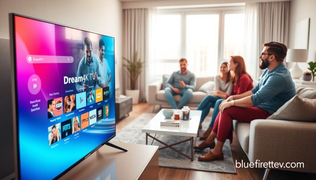 A visually captivating overview of a modern entertainment hub featuring Dream 4K IPTV. In the foreground, a sleek, high-tech television screen displays a vibrant menu showcasing a variety of streaming options, with a subtle glow emanating from the screen. The middle layer includes stylish furniture like a minimalist coffee table and a cozy sofa where a family is gathered, dressed in modest casual clothing, enjoying their entertainment experience. The background consists of a well-lit living room with a large window allowing natural light to fill the space, complemented by modern decor. The warm, inviting atmosphere conveys relaxation and joy as families discover their favorite shows through Dream 4K IPTV, branded with "bluefireiptv.com". The image should possess a soft focus with a shallow depth of field, creating a dreamy and engaging aesthetic.