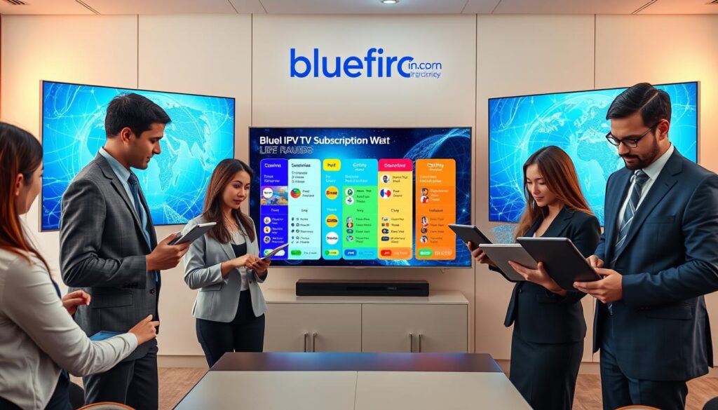 A visually engaging and informative depiction of "Global IPTV Subscription Plans," featuring a sleek digital interface showcasing various subscription options. In the foreground, represent a diverse group of five individuals, dressed in professional business attire, intently reviewing the plans on tablets and laptops. The middle layer presents a vibrant digital display with colorful graphics, icons for streaming channels, and pricing tiers, emphasizing clarity and accessibility. The background should feature a modern office environment with large screens displaying the brand logo "bluefireiptv.com" and abstract representations of global connectivity, like a world map or network lines. The scene is illuminated with soft, warm lighting to create an inviting, professional atmosphere, captured from an angle that highlights the collaboration among individuals.