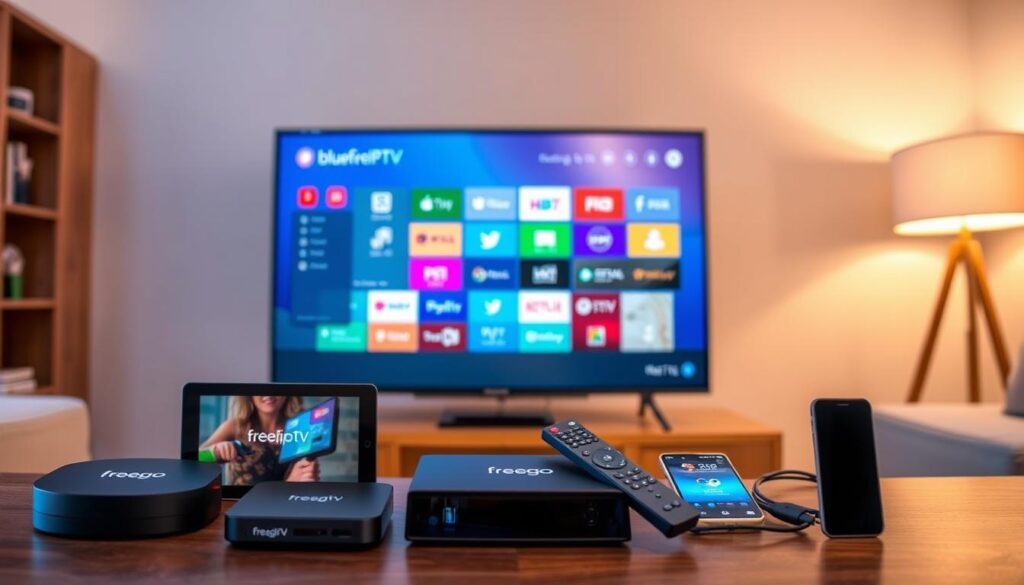 A visually engaging and informative image depicting the "Freego IPTV Installation Guide." In the foreground, feature a modern smart TV displaying a user-friendly interface of the Freego IPTV platform, with vibrant colors and recognizable icons. To the left, place an assortment of compatible devices such as a streaming box, tablet, and smartphone, all showcasing the Freego IPTV logo. In the middle ground, create a simplified installation setup with cables and a remote control neatly arranged. For the background, use a cozy living room setting with soft, ambient lighting that conveys a welcoming atmosphere. The scene should be captured from a slightly elevated angle to provide a clear view of all elements while maintaining focus on the devices. Elements from "bluefireiptv.com" can be subtly integrated into the smart TV interface. A visually engaging and informative image depicting the "Freego IPTV Installation Guide." In the foreground, feature a modern smart TV displaying a user-friendly interface of the Freego IPTV platform, with vibrant colors and recognizable icons. To the left, place an assortment of compatible devices such as a streaming box, tablet, and smartphone, all showcasing the Freego IPTV logo. In the middle ground, create a simplified installation setup with cables and a remote control neatly arranged. For the background, use a cozy living room setting with soft, ambient lighting that conveys a welcoming atmosphere. The scene should be captured from a slightly elevated angle to provide a clear view of all elements while maintaining focus on the devices. Elements from "bluefireiptv.com" can be subtly integrated into the smart TV interface.