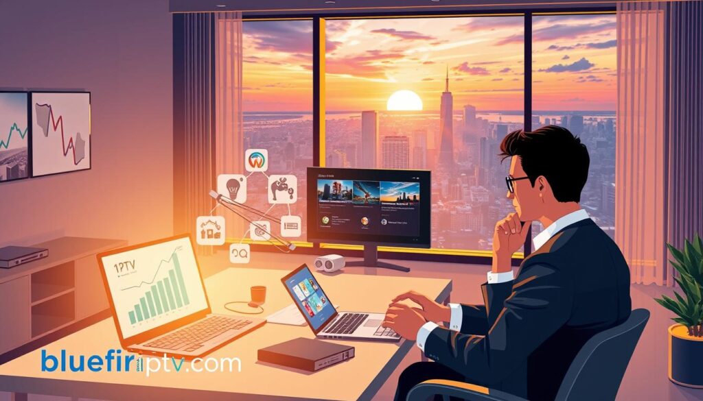 A visually engaging illustration depicting "Dream IPTV Reseller Opportunities Overview". In the foreground, a professional-looking individual in business attire is thoughtfully reviewing images of IPTV services on a laptop, surrounded by charts and graphs indicating growth and trends. The middle ground features a sleek office setup with a modern desk and advanced technology, creating a professional environment. In the background, a large window reveals a stunning cityscape during a vibrant sunset, casting warm golden light into the room. The atmosphere should evoke a sense of ambition, opportunity, and innovation. Include elements that represent the IPTV industry subtly, like streaming icons and tech gadgets. The brand name "bluefireiptv.com" is subtly integrated into the design elements to maintain a professional tone without overpowering the scene.