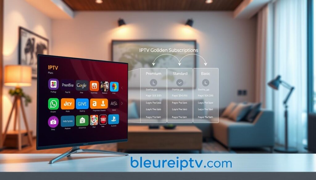 A visually engaging illustration of IPTV Golden Subscription Plans and Pricing Options. In the foreground, showcase a modern digital display device, such as a sleek smart TV or tablet, displaying colorful icons representing various subscription tiers. The middle ground features a stylish infographic detailing pricing options, with elegant arrows pointing to highlighted features like "Premium," "Standard," and "Basic" plans. The background should depict a cozy living room setting, softly lit to create a warm atmosphere, evoking a sense of comfort while streaming. The overall mood is professional yet inviting, designed to capture the viewer's attention with a subtle hint of innovation. Include the brand name "bluefireiptv.com" tastefully integrated into the design, ensuring a polished and cohesive look without any text overlays or captions.