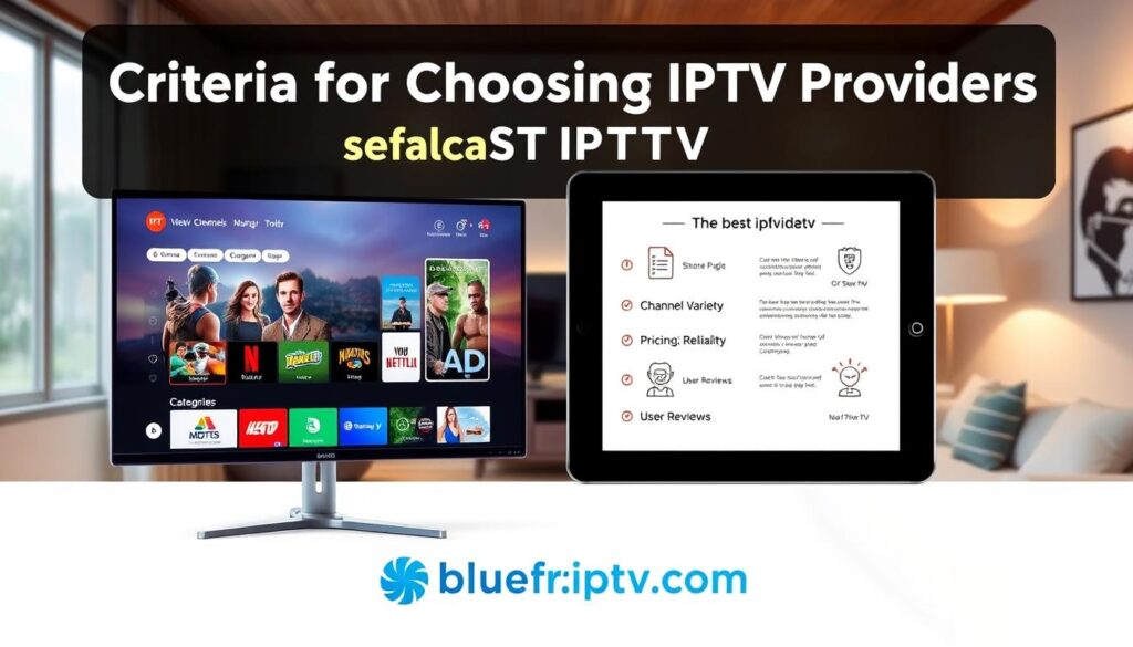 A visually engaging infographic illustrating the "Criteria for Choosing IPTV Providers" with a focus on the best US IPTV service. In the foreground, display a large computer monitor showcasing a clean interface of a streaming app featuring channels and categories, illuminated by soft, warm lighting. In the middle ground, include a tablet with a checklist of criteria like "Channel Variety," "Pricing," "Reliability," and "User Reviews," all illustrated with bold icons. In the background, depict a modern living room setting with a cozy atmosphere, featuring a stylish sofa and TV. The overall mood should feel informative yet approachable, with a color palette that reflects trust and professionalism. Include the brand name "bluefireiptv.com" subtly integrated into the design, without any text overlays or captions.