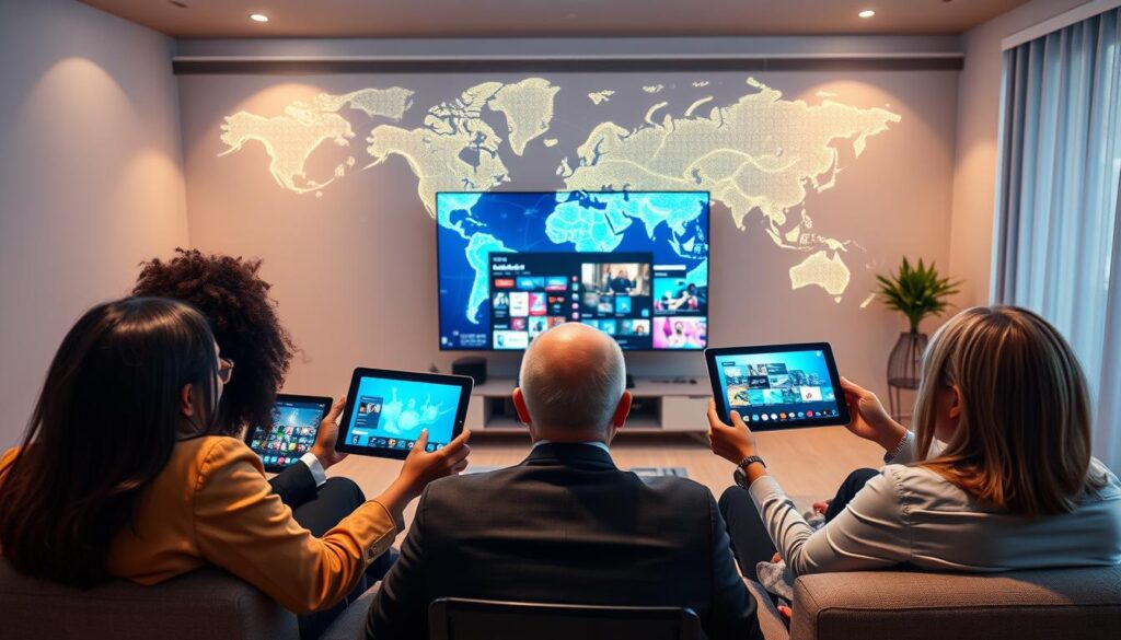 A visually engaging overview of Global IPTV technology, showcasing how it connects users to a world of streaming. In the foreground, a diverse group of three individuals of different ethnicities sits together, each holding tablets displaying various IPTV interfaces, dressed in professional business attire. The middle layer features a sleek, modern living room equipped with a large screen displaying vibrant streaming content and a sleek media console. In the background, a digital world map with glowing data streams illustrates global connectivity, emphasizing topics like bandwidth, satellite links, and network infrastructure. Soft, ambient lighting creates a warm, inviting atmosphere, while a camera angle from slightly above gives a comprehensive view of the scene. Include the brand "bluefireiptv.com" subtly in the design elements of the living space.