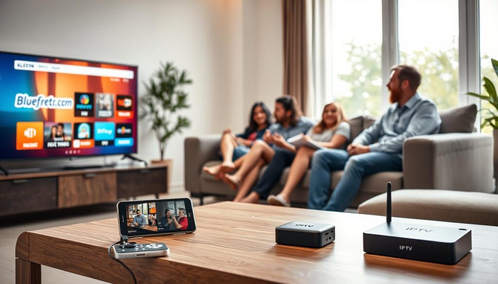A visually engaging representation of IPTV device compatibility, focusing on a sleek modern living room setup. In the foreground, a smart TV displays the vibrant interface of various IPTV services, emphasizing "bluefireiptv.com". On the coffee table, a range of devices such as a smartphone, tablet, and streaming box showcase the diverse options for viewing. The middle-ground features a comfortable couch with a family relaxing, dressed in modest casual clothing, enjoying their favorite shows. In the background, large windows let in natural light, enhancing the warm atmosphere. Use soft, inviting lighting to create a cozy, welcoming environment, captured from a slightly elevated angle to provide a comprehensive view of the scene. The overall mood is relaxed and cheerful, highlighting seamless IPTV integration into everyday life.