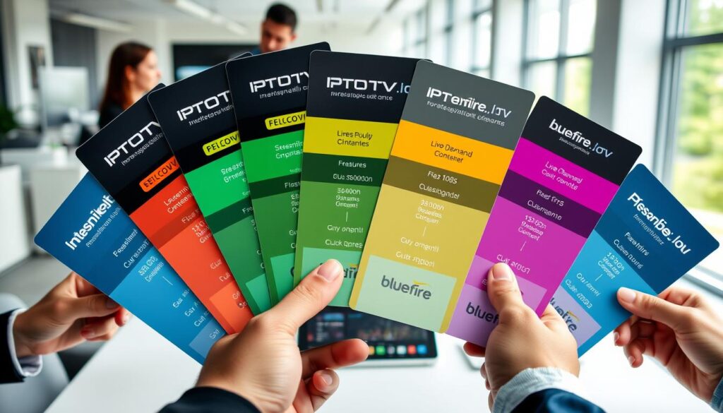A visually engaging representation of IPTV subscription plans, featuring multiple sleek, modern subscription cards arranged in a fan layout, showcasing different pricing models. Each card should display unique colors and icons that signify features like "HD Streaming," "Live Channels," and "On-Demand Content," with a prominent inclusion of the brand "bluefireiptv.com". In the foreground, soft-focus hands of diverse professionals in business attire are seen examining the cards, conveying a sense of decision-making. The middle layer includes a minimalist desk setup, adorned with a tablet displaying a streaming interface. The background features a bright, clean office environment with large windows letting in natural light, creating an inviting and professional atmosphere.