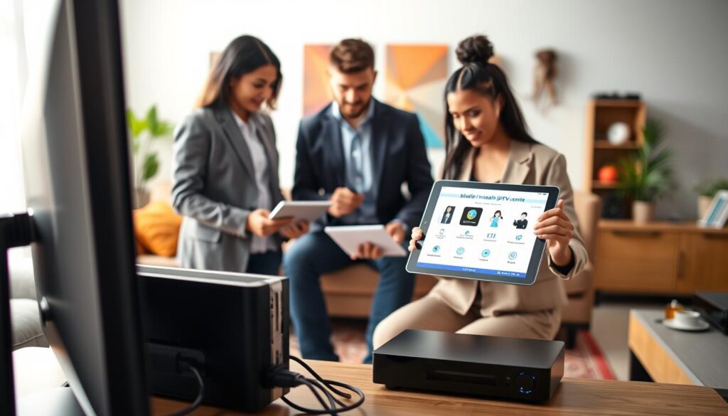 A visually engaging setup and installation guide for IPTV service, focusing on "bluefireiptv.com". In the foreground, a modern, sleek TV stands prominently with a digital setup box beside it, featuring connected cables. A diverse group of two professionals, man and woman, both dressed in smart casual attire, are attentively reviewing installation steps on a tablet. In the middle ground, a well-organized living room setup showcases comfortable seating and colorful decor, enhancing the inviting atmosphere. Bright, natural light filters in through a window, casting soft shadows and creating a warm, welcoming mood. In the background, subtly out of focus, hints of a user manual and additional tech gadgets are visible.