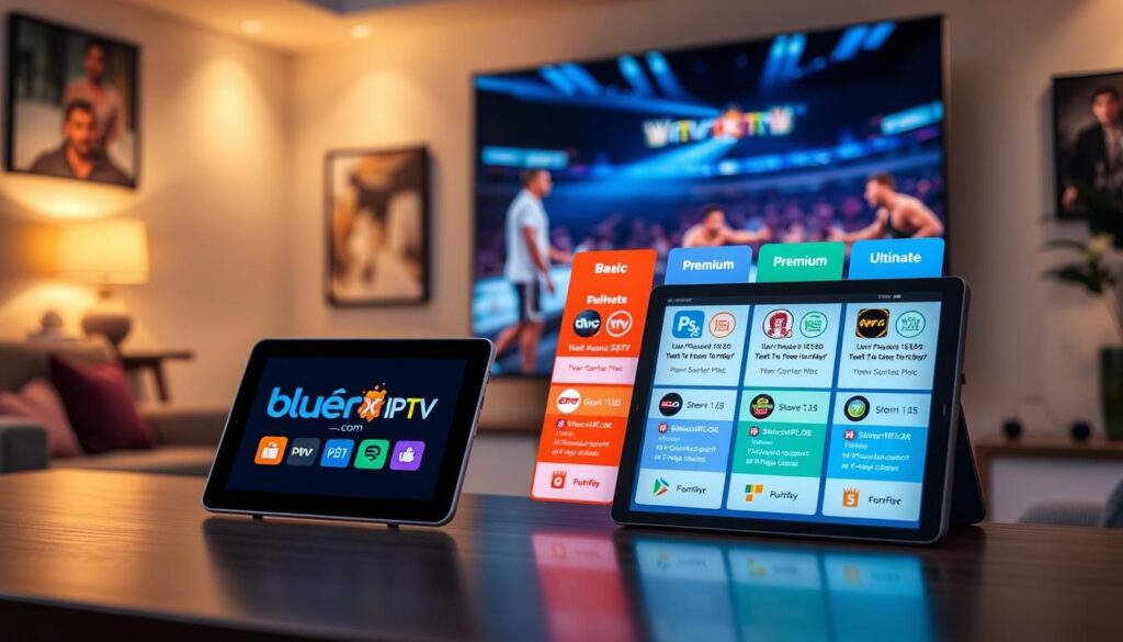 A visually striking and informative image depicting various subscription plans for IPTV PPV services, showcasing a digital display board filled with colorful graphics and icons representative of different pricing tiers. In the foreground, a modern office desk with a sleek tablet showing the "bluefireiptv.com" logo, emphasizing user-friendly navigation for selecting plans. The middle ground presents an engaging layout of subscription options, with large, bold icons, each labeled with features like "Basic", "Premium", and "Ultimate". The background hints at a vibrant and dynamic living room setting with a large TV displaying a PPV event, illuminated by soft, warm lighting to create an inviting atmosphere. The overall mood is one of excitement and convenience, reflecting the benefits of IPTV PPV services.