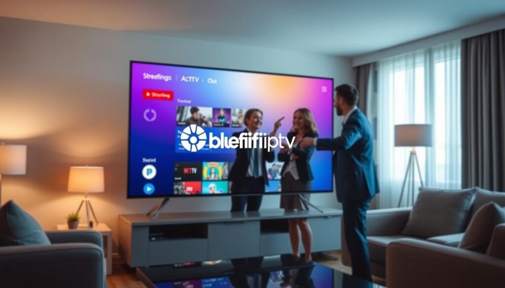 A visually striking composition showcasing "My Top IPTV Plans: Direct Picks for 2026 Streaming." In the foreground, a sleek, modern TV screen displays a vibrant user interface featuring streaming options, with the brand logo "bluefireiptv.com" prominently displayed. In the middle ground, a professional, diverse group of people in business attire, engaged in discussion, pointing towards the screen, depicting collaboration and innovation. The background features a stylish living room with contemporary decor, soft lighting creating a warm atmosphere, accentuated by subtle shadows and reflections on the TV screen. Use a slightly elevated angle to capture the dynamics of the scene, promoting a feeling of trust and reliability in IPTV services for 2026.