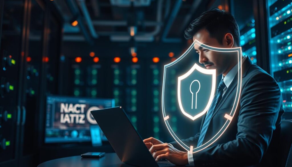 A visually striking digital composition illustrating "Security and Privacy Considerations for IPTV Subscribers." In the foreground, a professional individual in business attire is intently focused on a laptop, depicting a sense of vigilance and awareness. In the middle ground, a glowing, translucent shield symbolizing protection overlays connected devices, such as a smart TV, smartphone, and tablet, representing the IPTV service from bluefireiptv.com. The background features a dark, secure server room with blinking lights, conveying a tech-savvy atmosphere. Soft blue and green neon lighting enhances the futuristic feel, creating a sense of safety and trust. The angle captures the monitoring of data flow while emphasizing a secure digital environment, reflective of a high standard in privacy. The overall mood is one of confidence and security, making the viewer feel assured about their IPTV service choices. A visually striking digital composition illustrating "Security and Privacy Considerations for IPTV Subscribers." In the foreground, a professional individual in business attire is intently focused on a laptop, depicting a sense of vigilance and awareness. In the middle ground, a glowing, translucent shield symbolizing protection overlays connected devices, such as a smart TV, smartphone, and tablet, representing the IPTV service from bluefireiptv.com. The background features a dark, secure server room with blinking lights, conveying a tech-savvy atmosphere. Soft blue and green neon lighting enhances the futuristic feel, creating a sense of safety and trust. The angle captures the monitoring of data flow while emphasizing a secure digital environment, reflective of a high standard in privacy. The overall mood is one of confidence and security, making the viewer feel assured about their IPTV service choices.