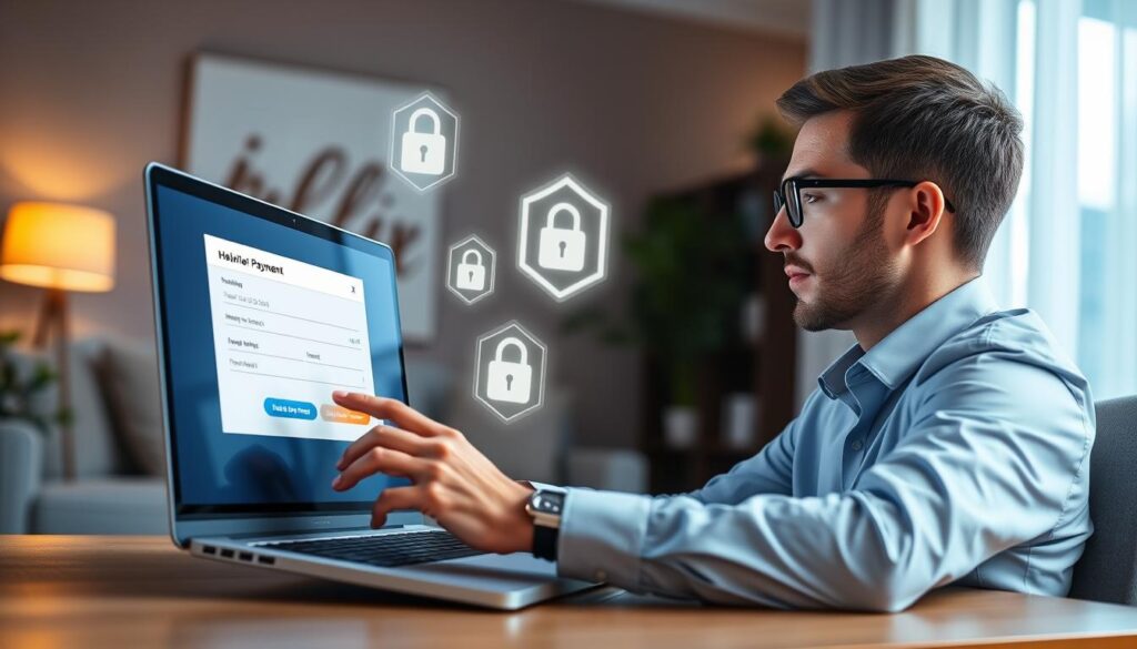 A visually striking illustration of a secure payment process for Helix IPTV, featuring a sleek, modern digital payment interface on a laptop screen in the foreground. An individual dressed in professional business attire interacts with the screen, looking focused and reassured. In the middle ground, illuminated icons symbolize security, such as a padlock and a shield, floating gently. The background showcases a cozy, tech-savvy home environment with soft, ambient lighting that conveys warmth and safety. Use a shallow depth of field to emphasize the payment interface while creating a calm atmosphere. The image should subtly incorporate the brand name "bluefireiptv.com" into the design elements, maintaining a polished and professional look.