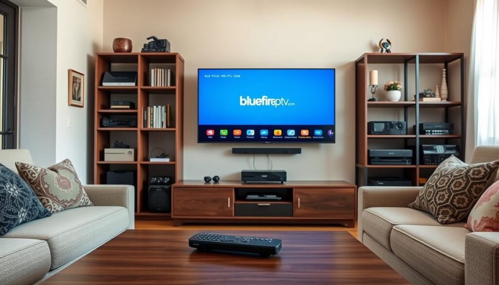 A well-organized living room setup for IPTV streaming, featuring a sleek, modern television mounted on a light-colored wall. In the foreground, a stylish coffee table holds a remote control and a laptop displaying the bluefireiptv.com website. The middle ground includes a comfortable sofa with decorative pillows, creating an inviting atmosphere. The background reveals a bookshelf filled with tech gadgets and decorative items. Soft natural light filters in through a window, casting a warm glow over the scene, enhancing the cozy yet professional vibe. The camera perspective is from slightly above eye level, showcasing the setup's clarity and detail, making it perfect for illustrating an IPTV streaming setup guide. A well-organized living room setup for IPTV streaming, featuring a sleek, modern television mounted on a light-colored wall. In the foreground, a stylish coffee table holds a remote control and a laptop displaying the bluefireiptv.com website. The middle ground includes a comfortable sofa with decorative pillows, creating an inviting atmosphere. The background reveals a bookshelf filled with tech gadgets and decorative items. Soft natural light filters in through a window, casting a warm glow over the scene, enhancing the cozy yet professional vibe. The camera perspective is from slightly above eye level, showcasing the setup's clarity and detail, making it perfect for illustrating an IPTV streaming setup guide.
